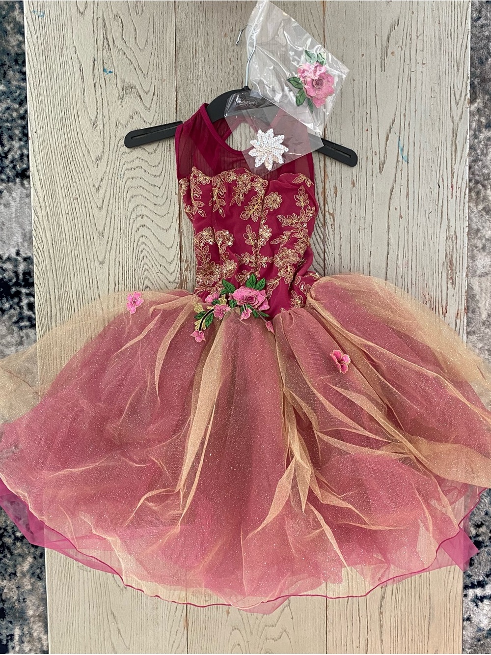 Girls Floral Burgundy & Gold Tulle Princess Costume Dress